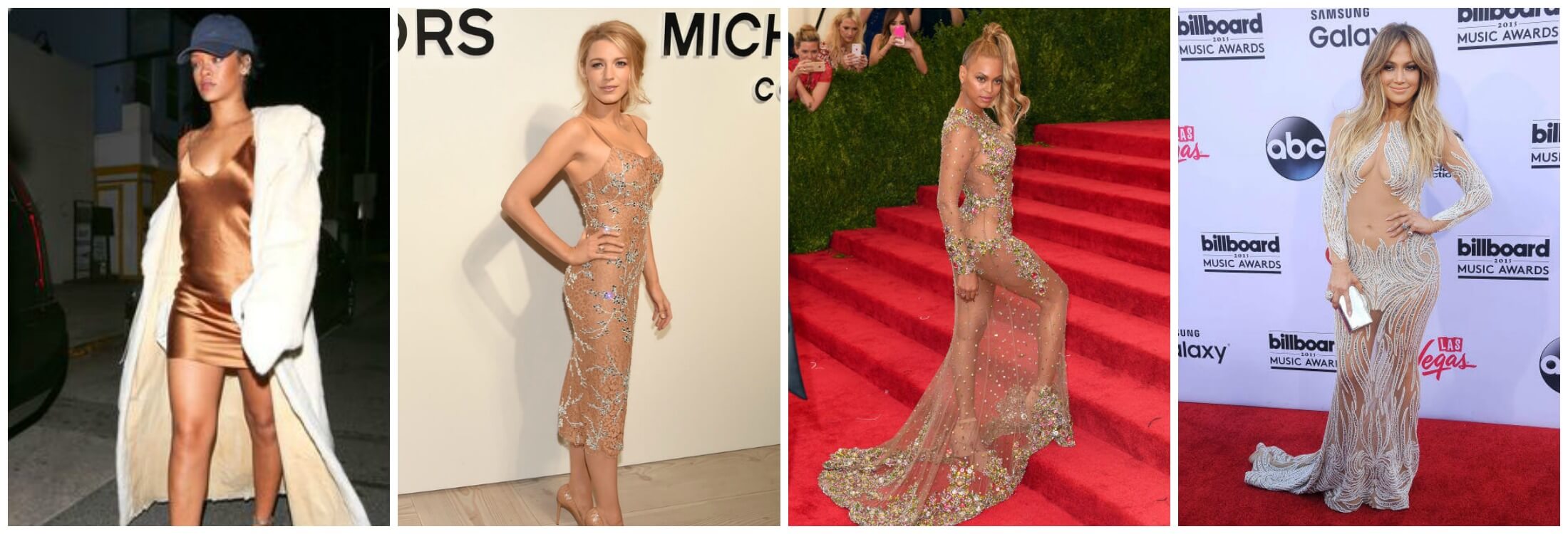The Classic Naked Dress with Modern Twists & The New Naked Dress. From left: Rihanna, Blake Lively, Beyonce, Jennifer Lopez.