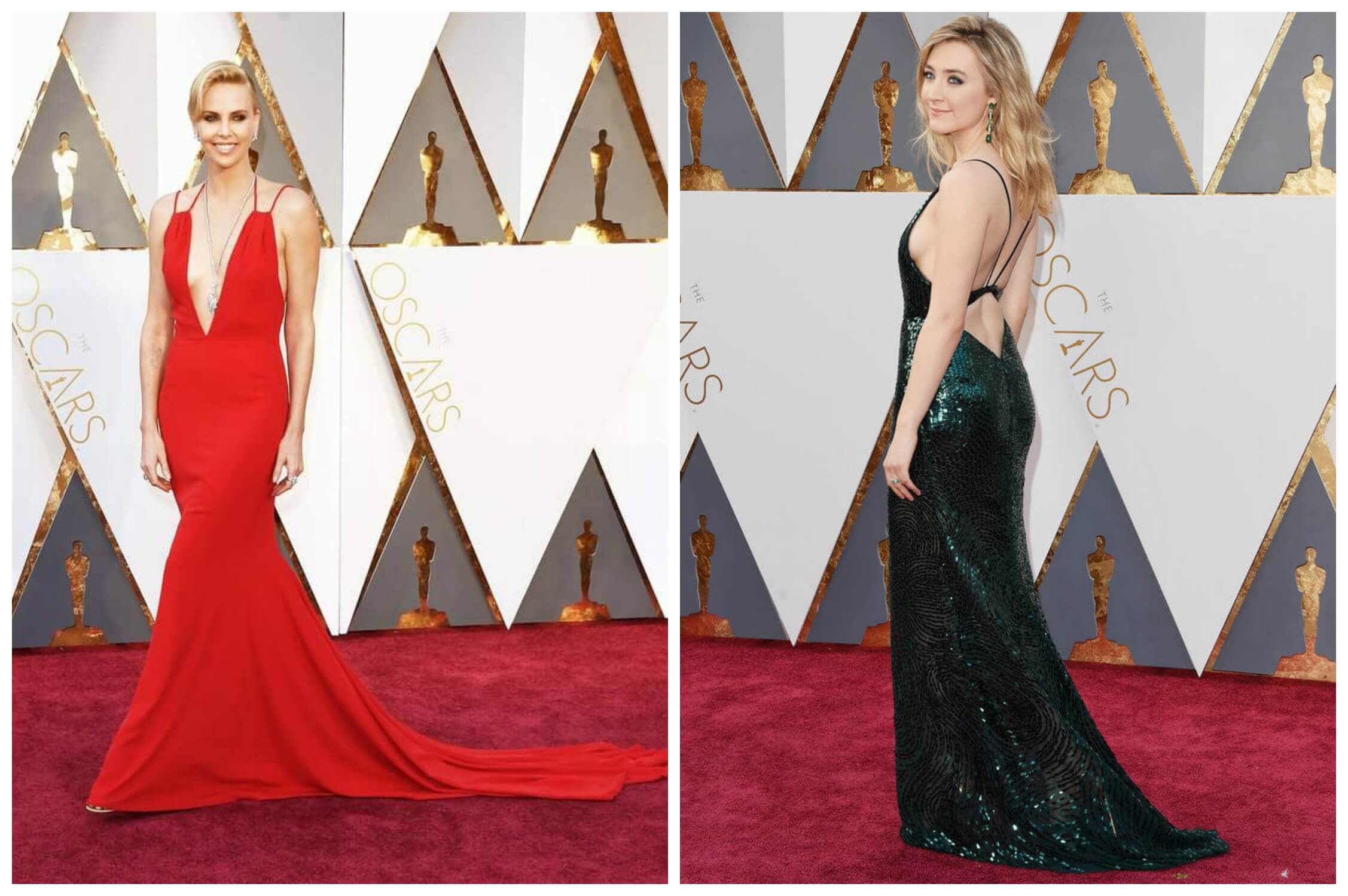 Charlize Theron at the 2016 Oscars in Dior Haute Couture with shoulder cutouts via US Magazine; Saoirse Ronan at the 2016 Oscars in Calvin Klein with a back cutout via PopSugar