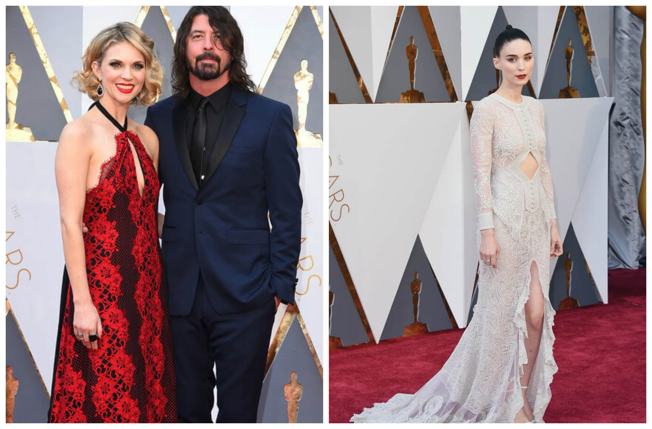 Jordyn Blum with hubby Dave Grohl at the 2016 Oscars with a chest cutout via In Style; Rooney Mara at the 2016 Oscars in Givenchy with a middle cutout via PopSugar 