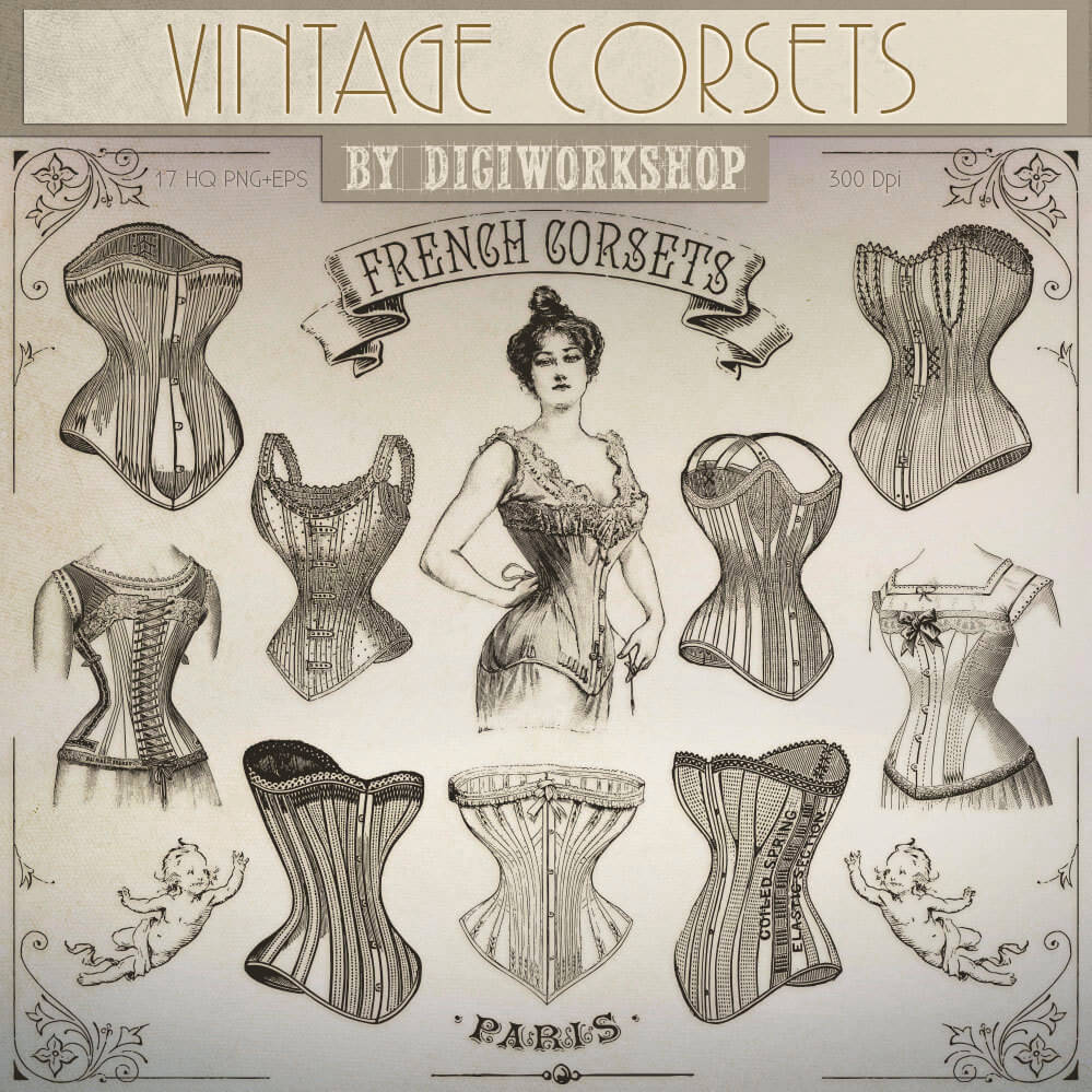 A collection of vintage corsets. Image via Etsy. 