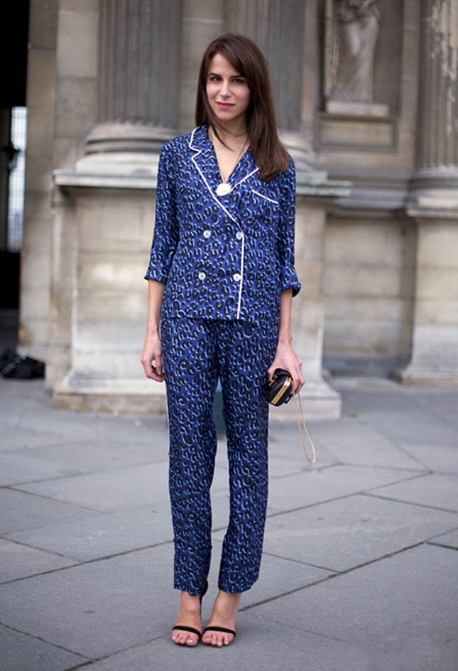 A matching pyjama set paired with heels via Brit+Co